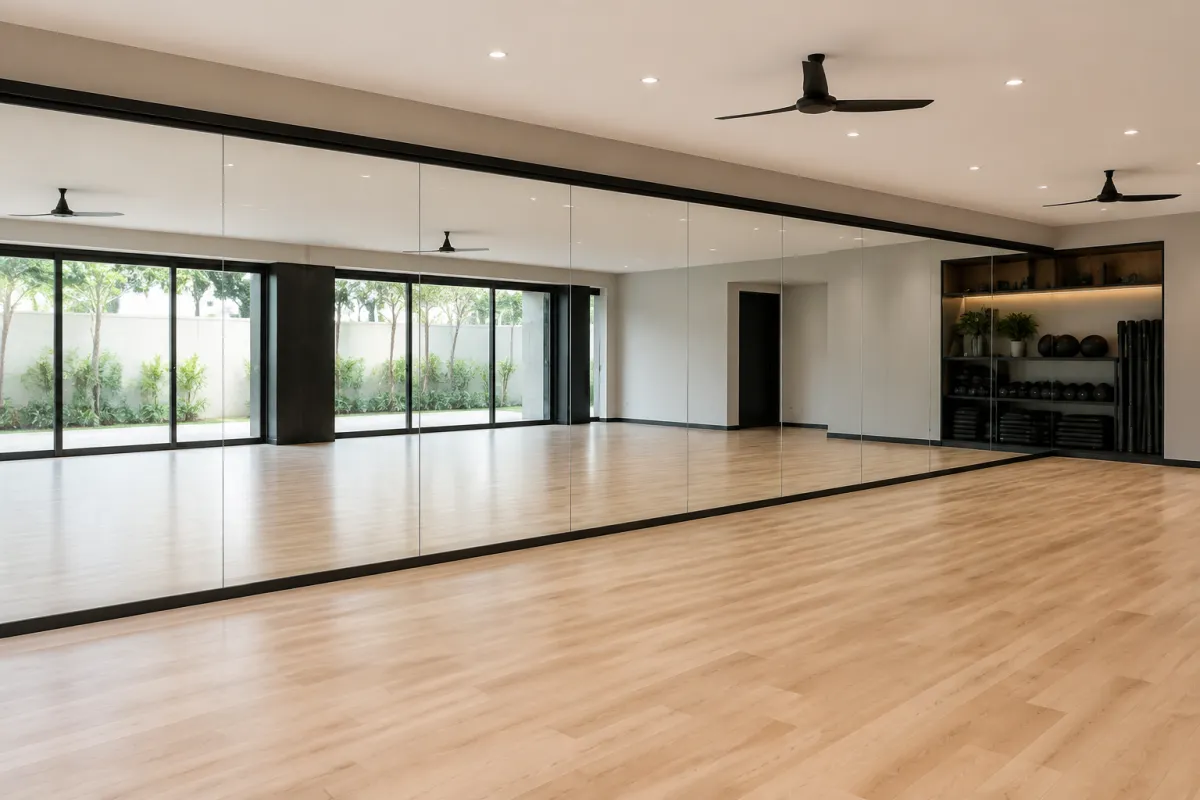 Group fitness studio with a continuous mirror wall