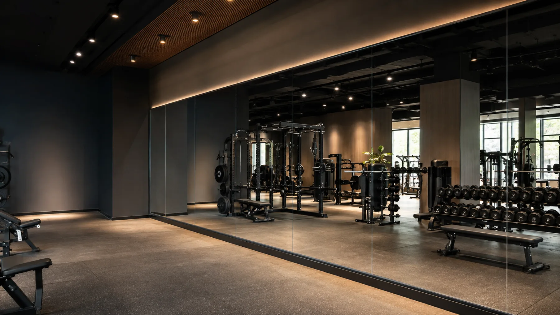 Design visualization of a commercial gym with a full wall of large frameless mirror panels