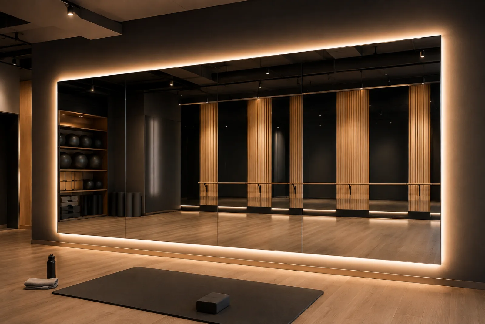 LED gym mirrors with integrated perimeter lighting for premium fitness areas