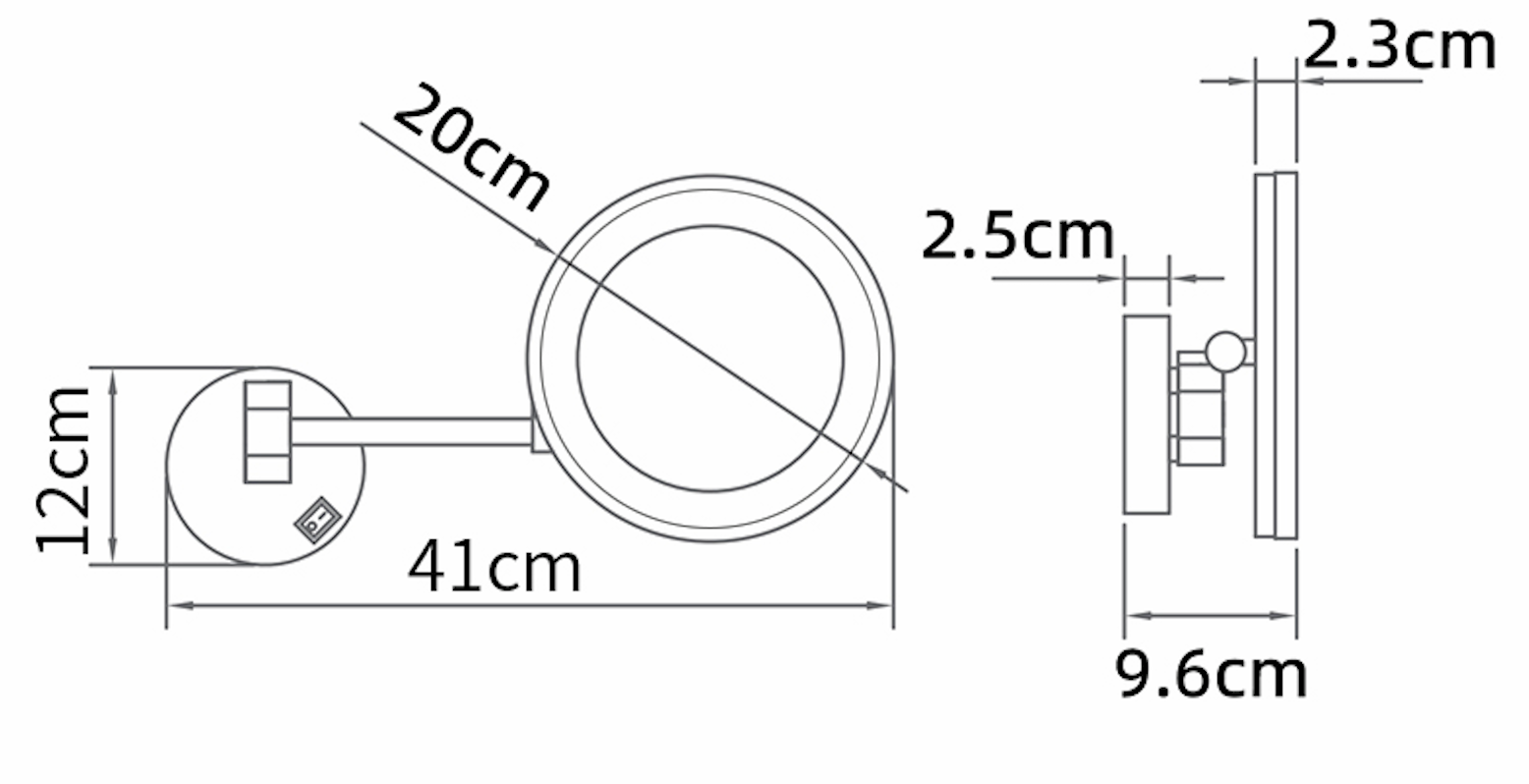 Wall mounted makeup mirror technical dimensions