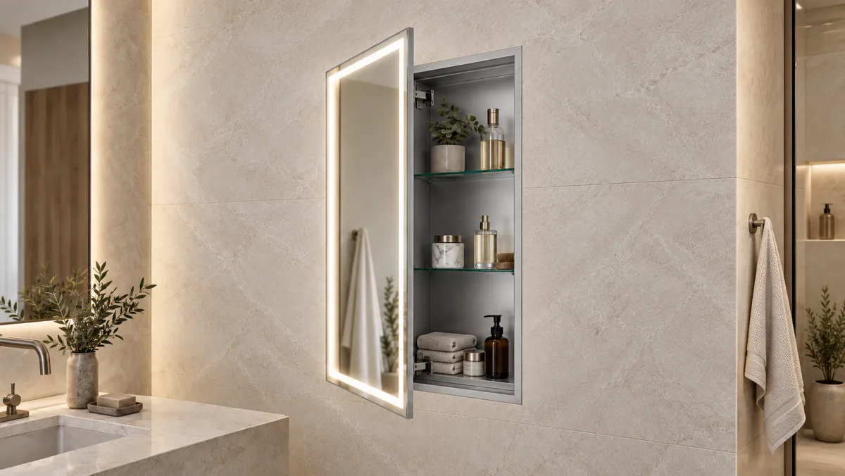 Recessed lighted medicine cabinet fitted nearly flush with the finished wall