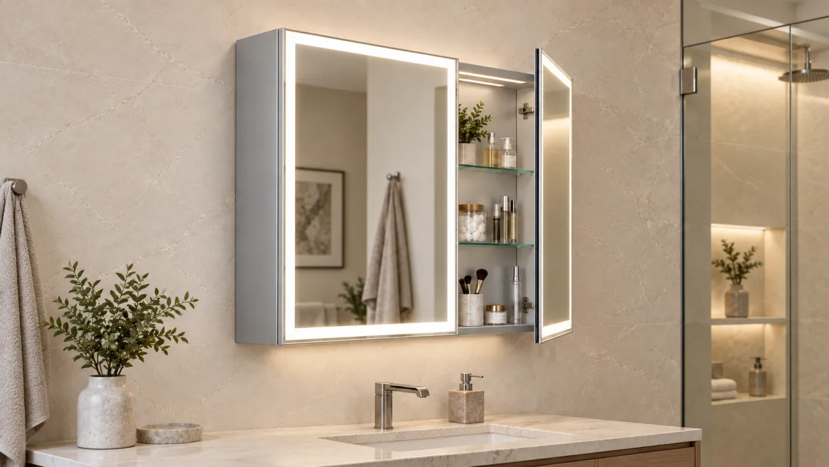 Surface-mounted lighted medicine cabinet showing the full projecting side panel