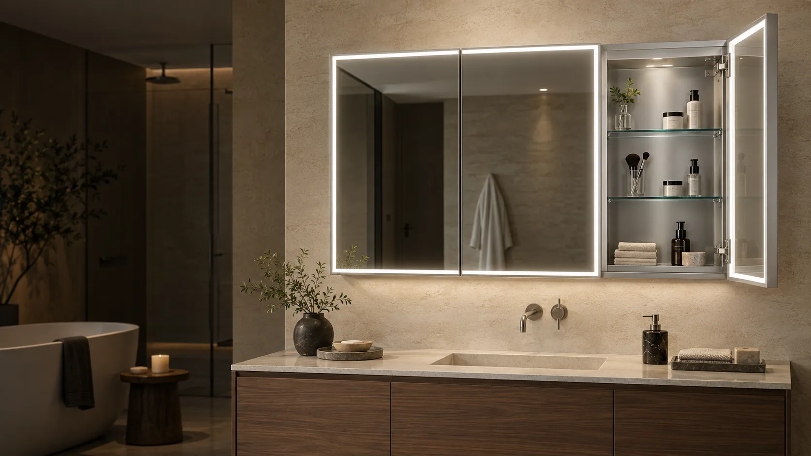 Open lighted medicine cabinet with mirror lighting and interior storage