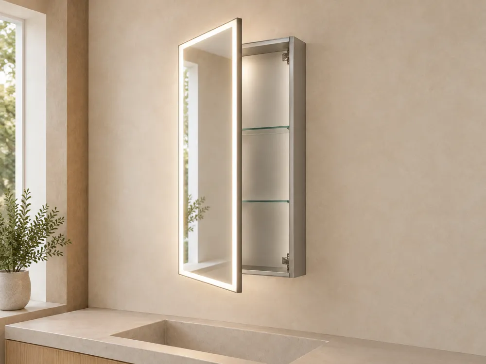 Single-door lighted medicine cabinet