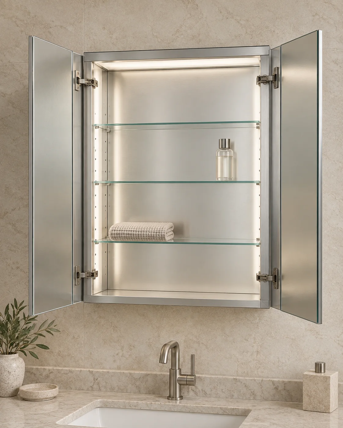 Open double-door lighted medicine cabinet with aluminum body, glass shelves and interior lighting