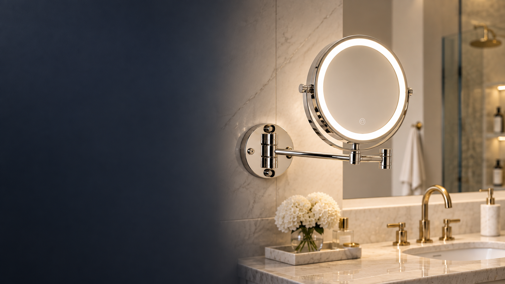 Wall mounted magnifying mirror in a hotel bathroom