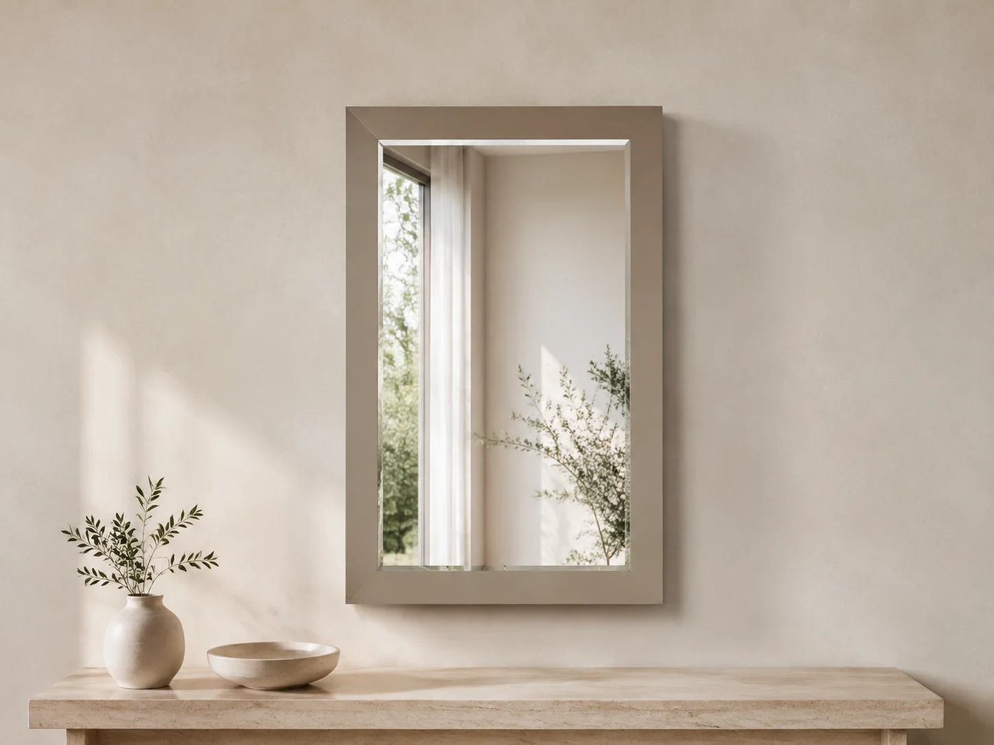 Warm greige vertical rectangular MDF framed mirror
