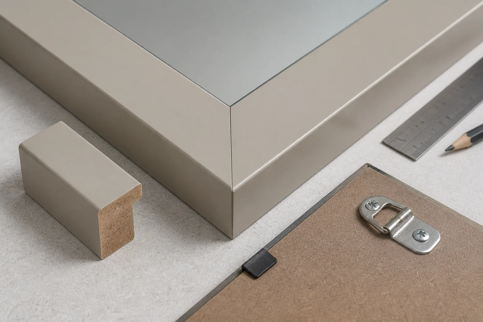 Concept close-up of a painted MDF mirror frame corner, substrate section, backing and hanging hardware