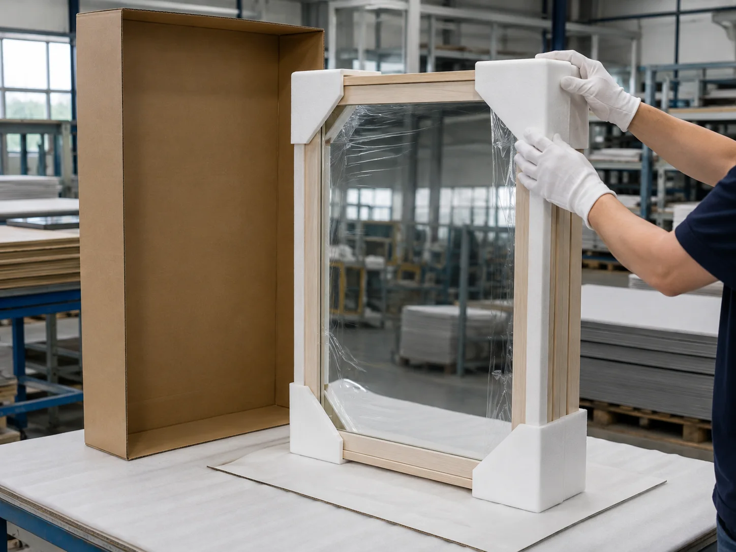General process concept showing protective film, corner guards and foam edge protection for an MDF framed mirror