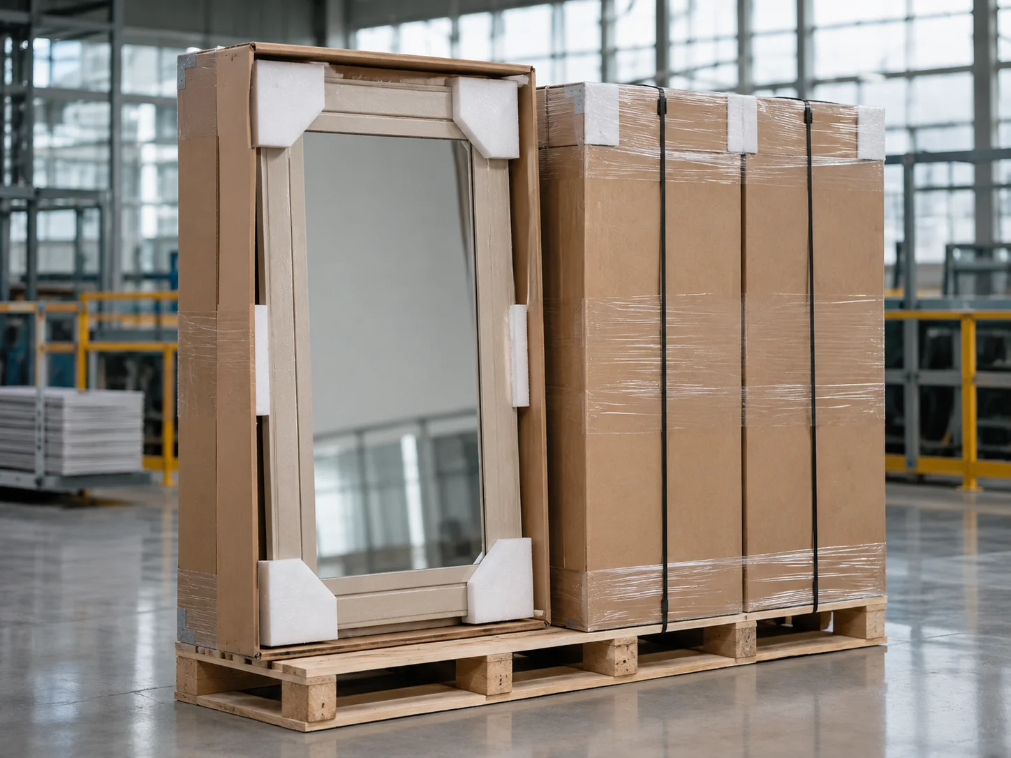 General process concept showing protected framed mirror cartons secured upright on an export pallet
