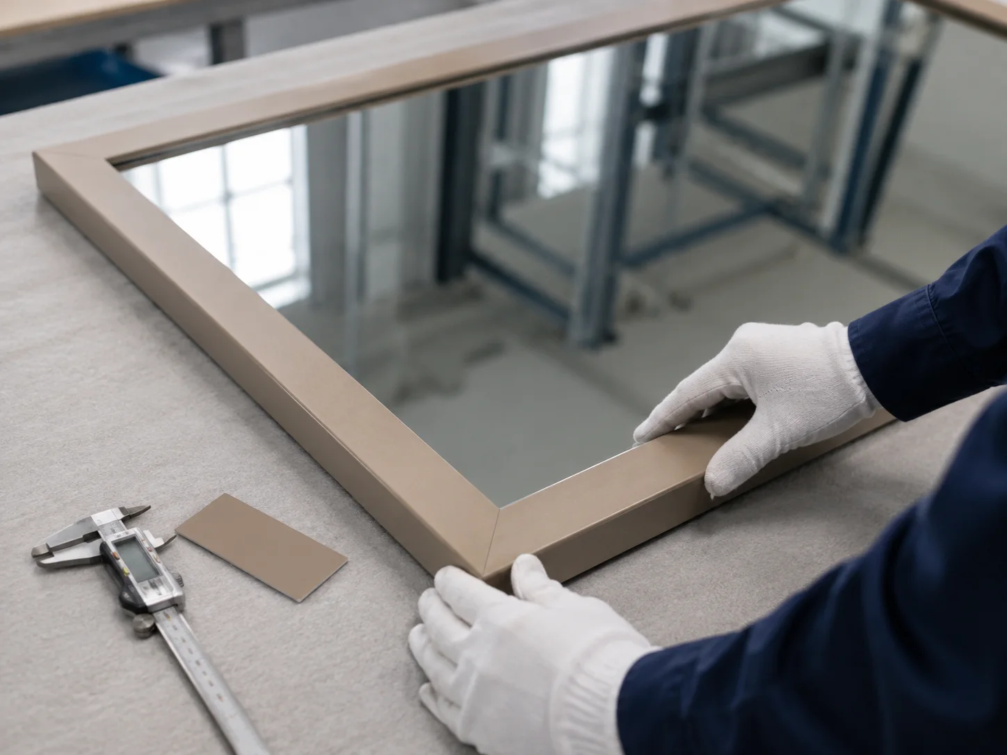 General process concept showing gloved inspection of an MDF mirror frame corner and surface
