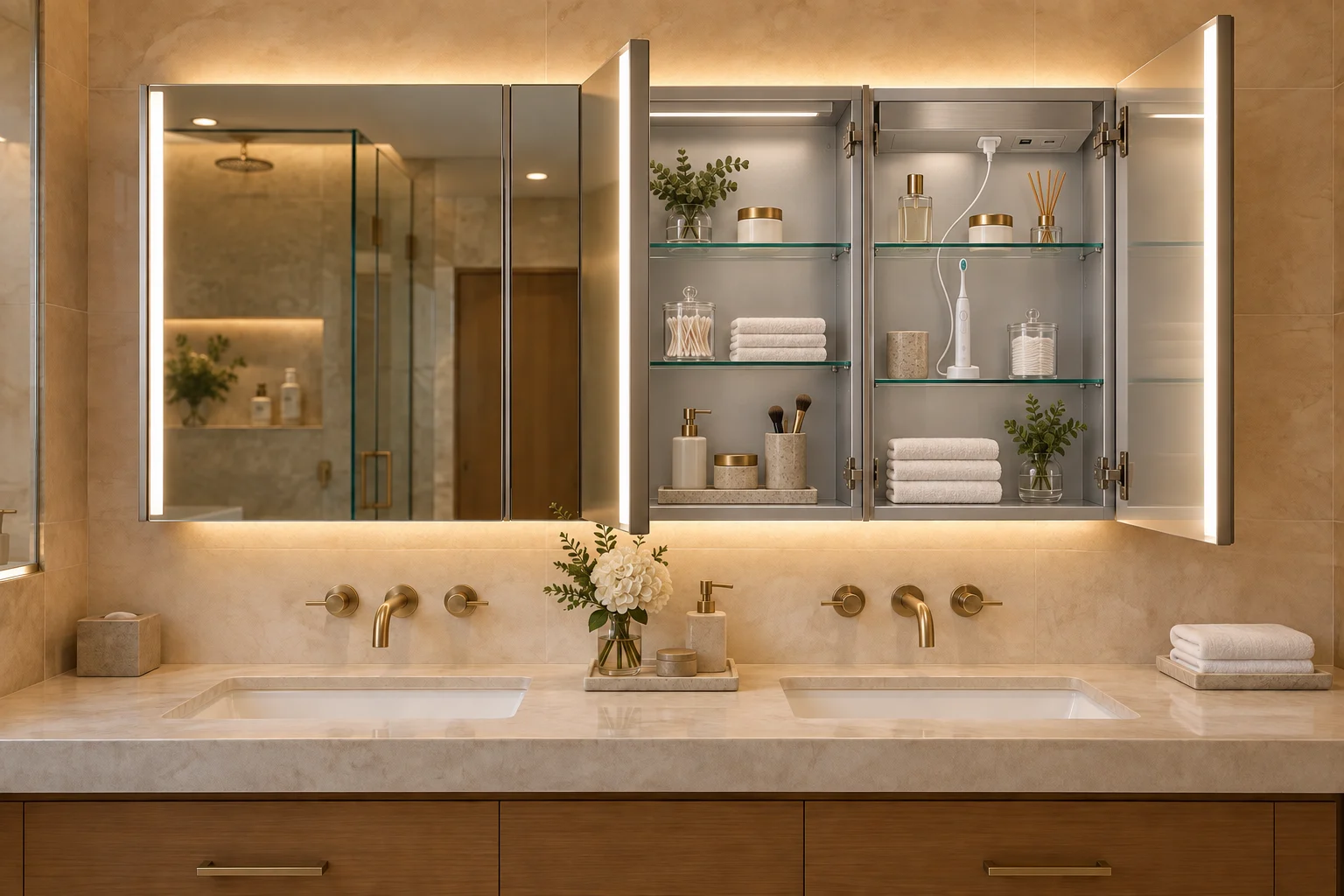 Open powered medicine cabinet above a hotel double vanity with an outlet and USB module mounted beneath the top power box