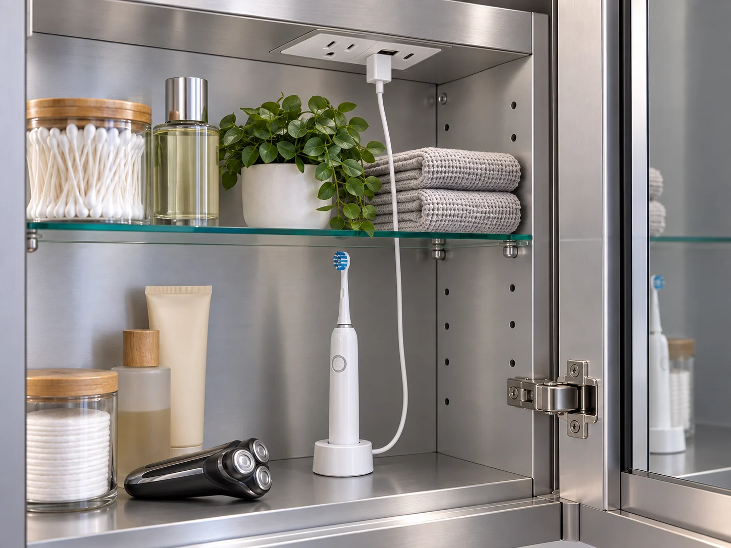 Medicine cabinet interior showing an underside outlet, USB charging, glass shelf and hinge clearance