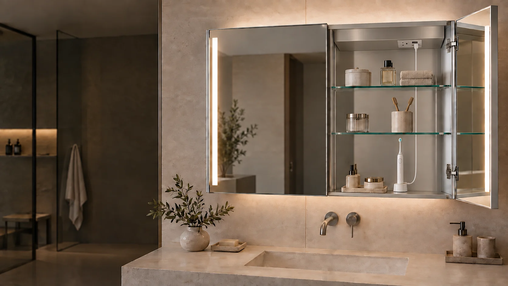 Open mirrored medicine cabinet with an outlet and USB module mounted beneath the upper power box