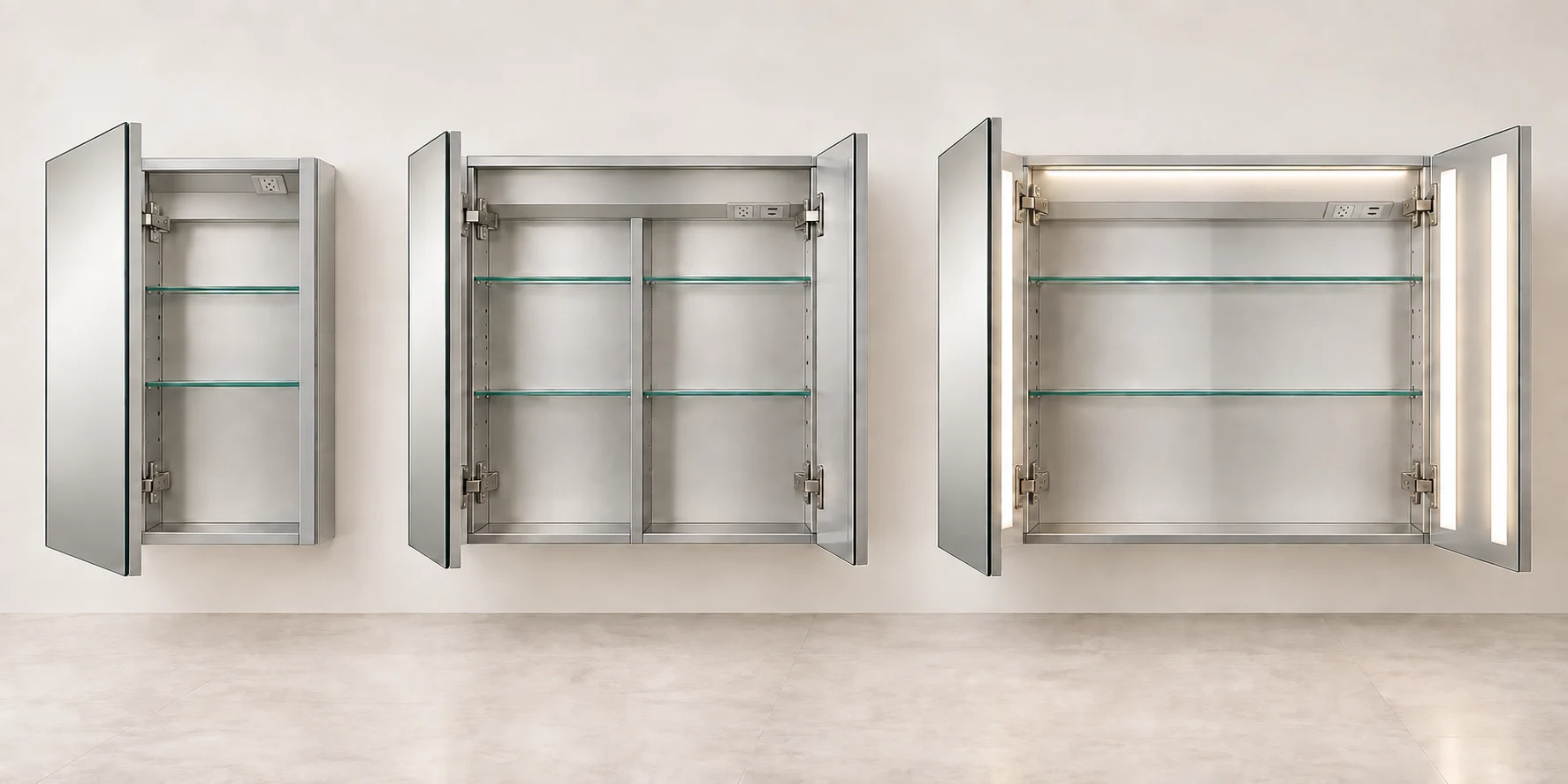Three open mirrored medicine cabinets with outlets and USB ports mounted on the underside of the upper power boxes