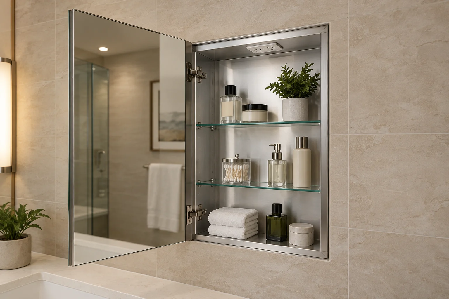 Open recessed powered medicine cabinet installed nearly flush with a tiled bathroom wall