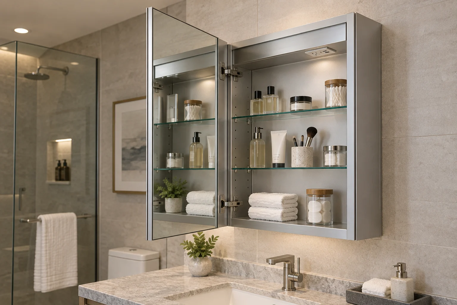 Open surface-mounted powered medicine cabinet showing its full side panel and projection from the tiled wall