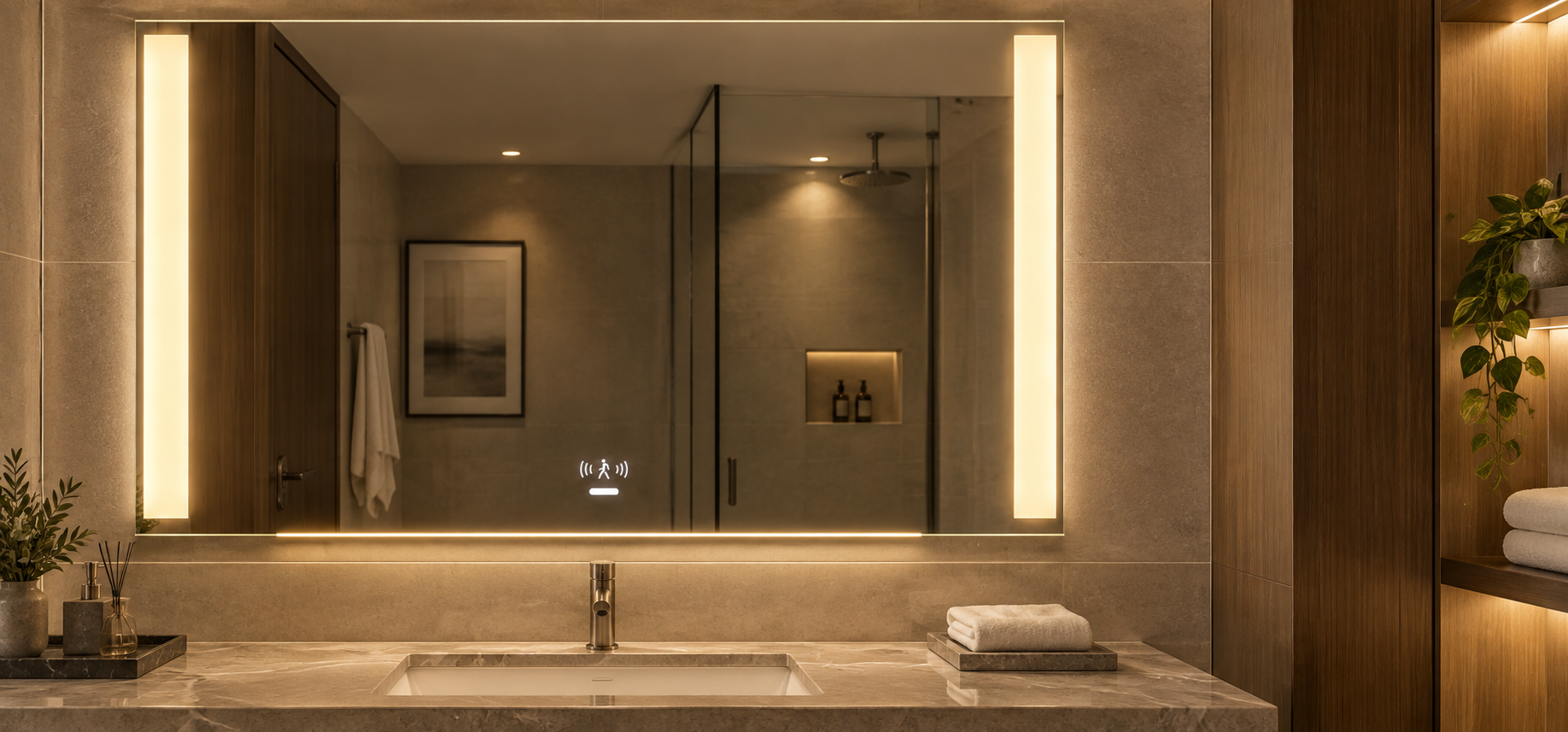 Motion-sensor LED bathroom mirror installed above a hotel vanity