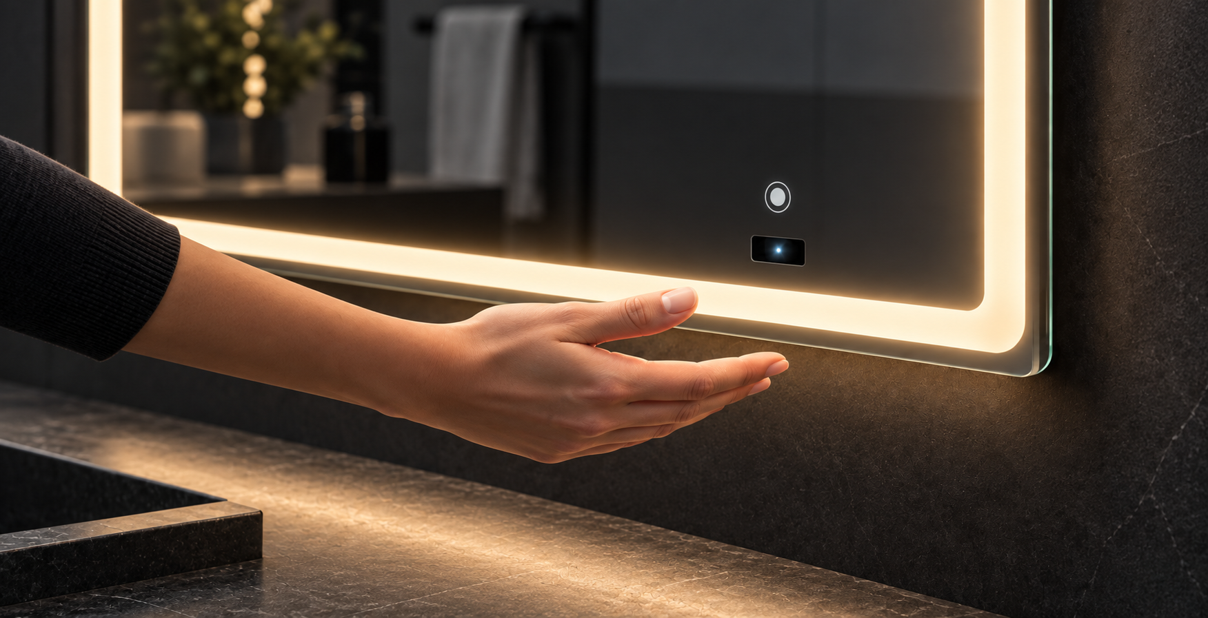 Hand waving near an infrared sensor below an illuminated bathroom mirror