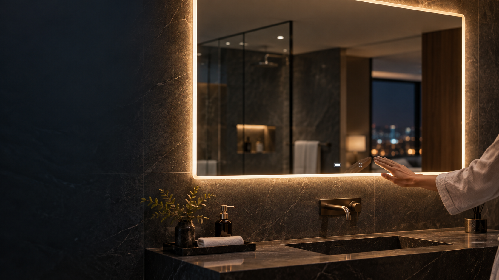 Illuminated bathroom mirror with a hand-wave motion sensor at the lower edge