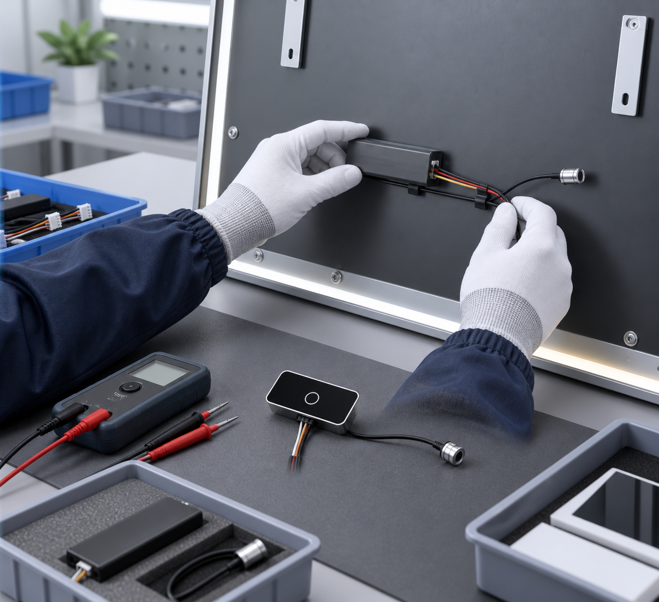 Technician testing the sensor response of an illuminated bathroom mirror in a factory inspection area