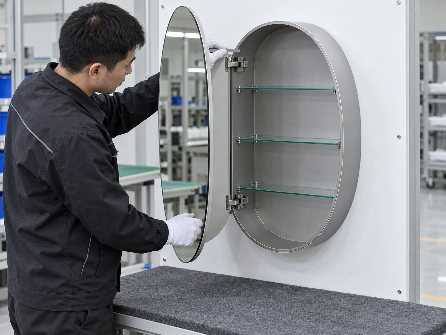Technician checking the open oval medicine cabinet door gap, hinges and shelf supports