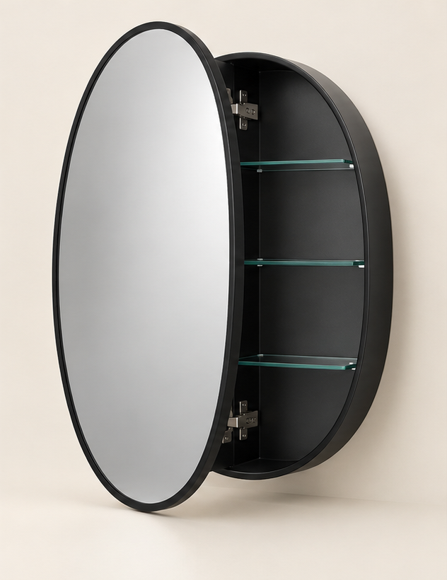 Complete matte black framed oval medicine cabinet with open mirrored door