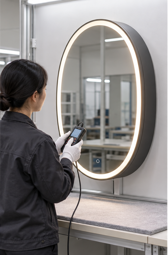 Technician testing a complete illuminated oval medicine cabinet