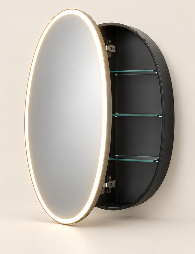 Complete front lighted oval medicine cabinet with open mirrored door and shelves
