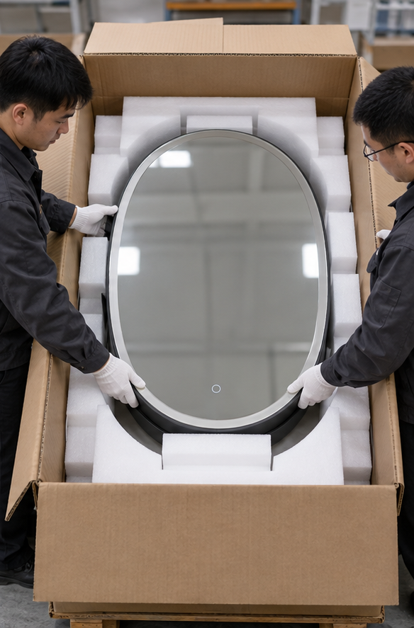 Complete oval medicine cabinet fitted into a shaped foam export carton