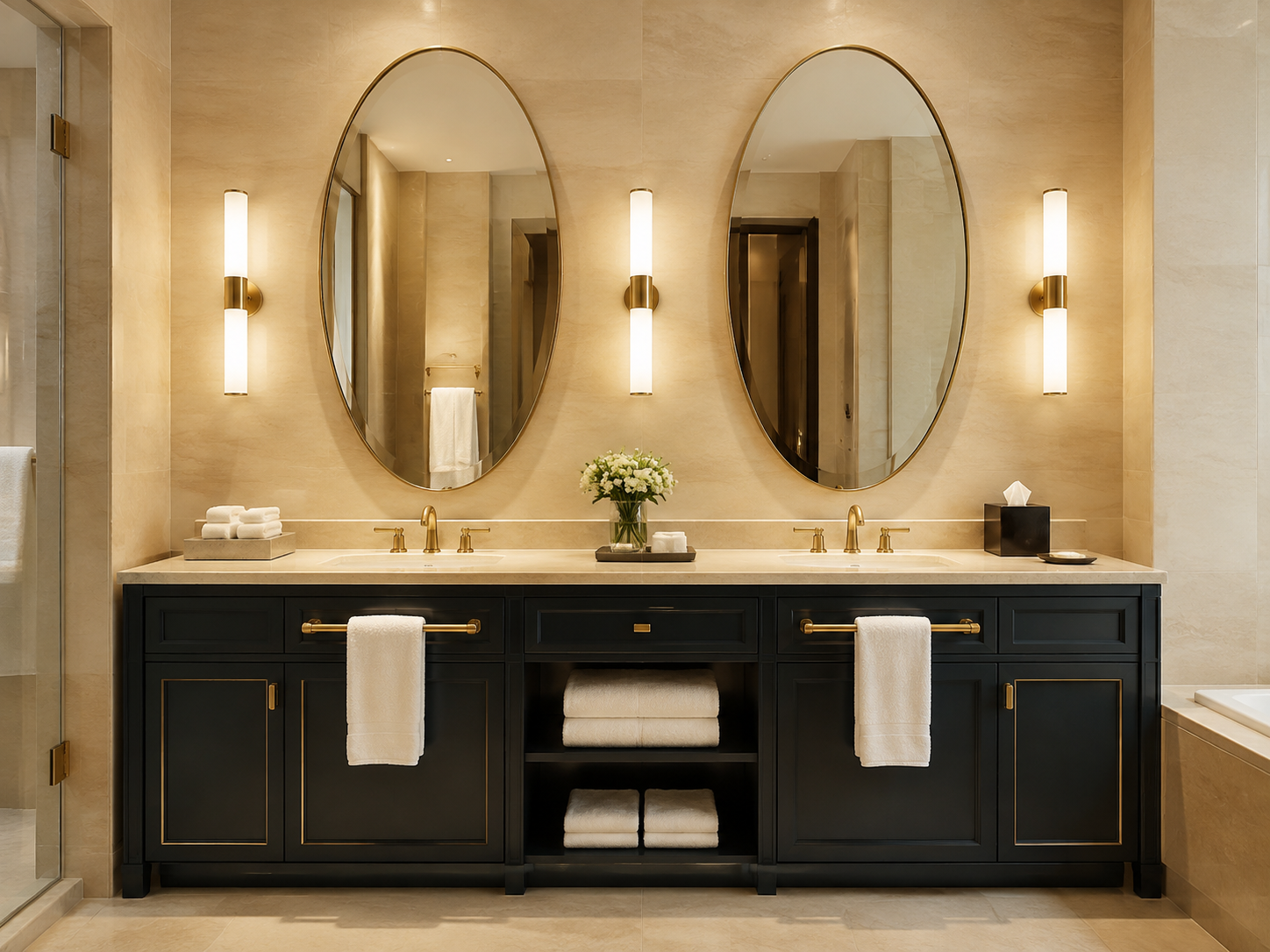 Oval mirror in hotel bathroom
