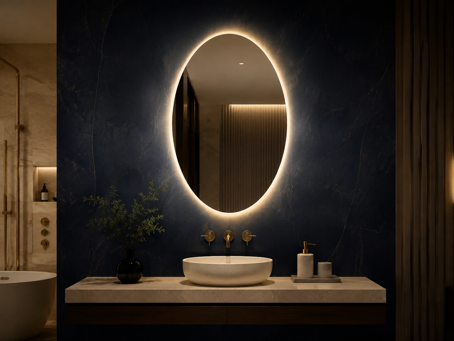 Backlit oval mirror with slim frame