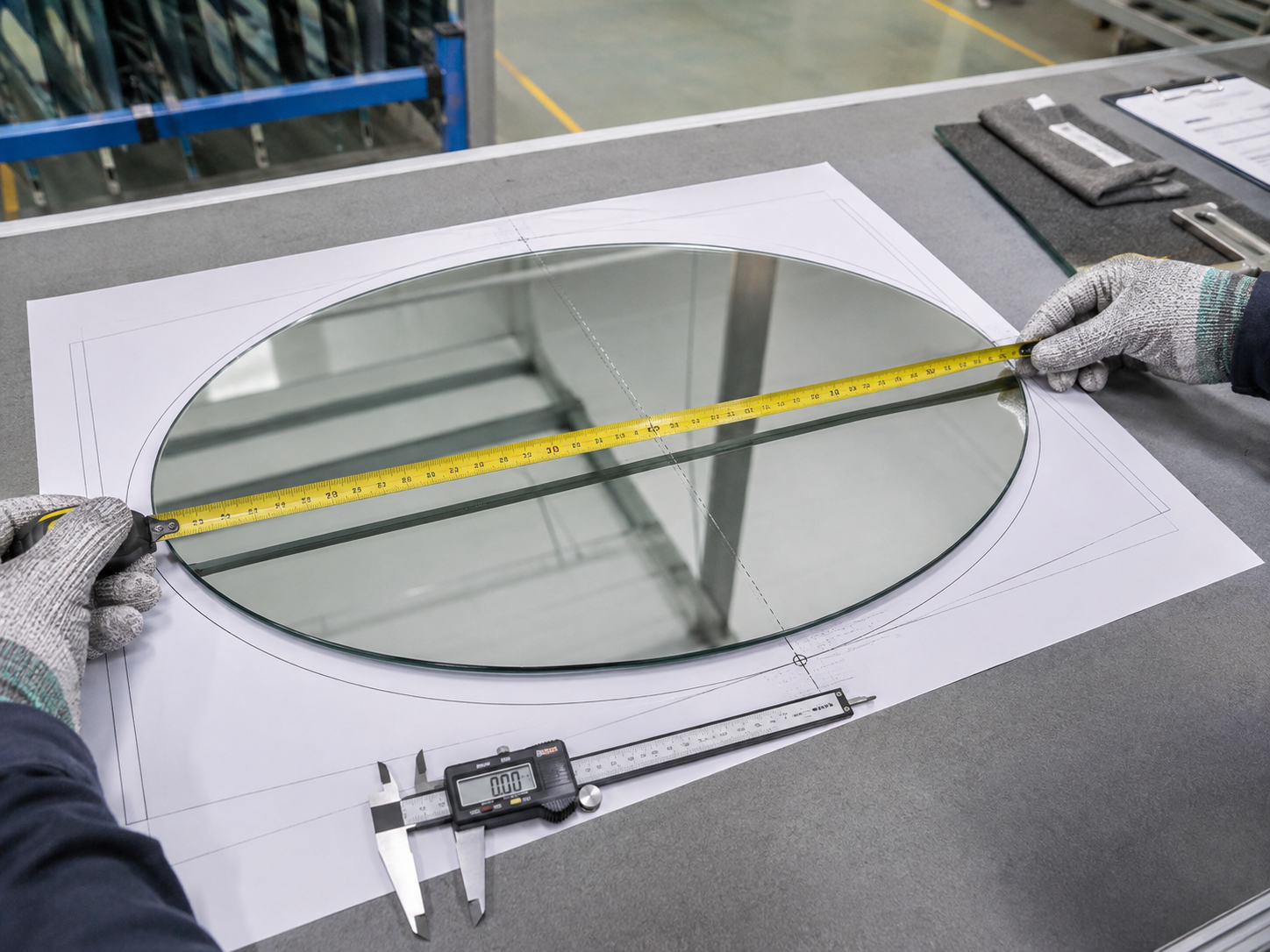 True oval mirror checked against its drawing with a tape measure and caliper