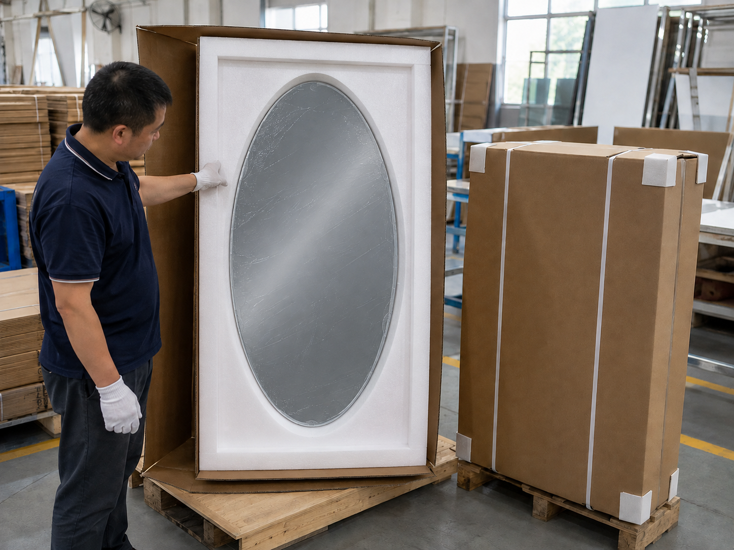 True oval mirror protected by a continuous oval foam insert in a reinforced export carton