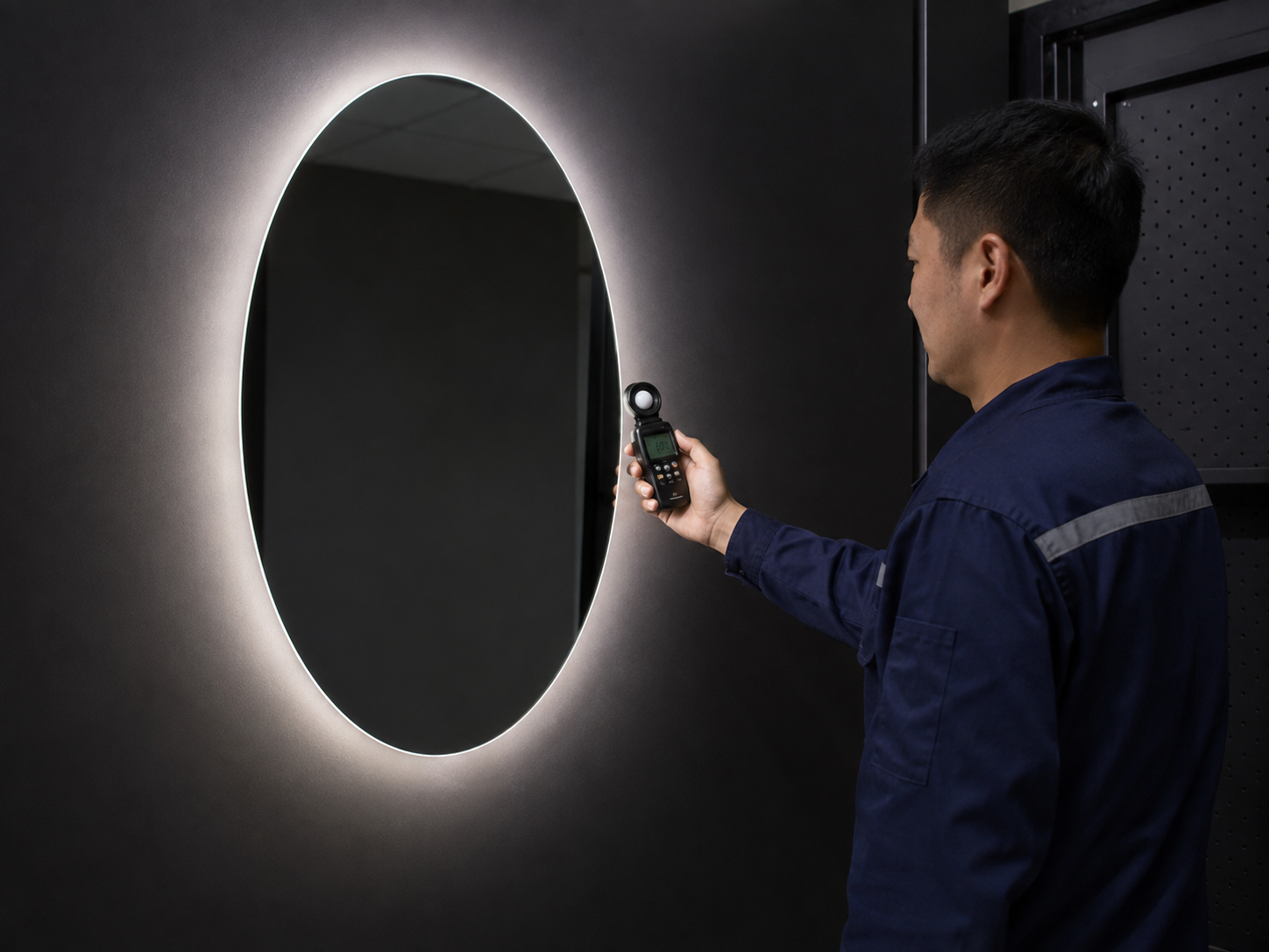 Technician testing the light uniformity of a true oval LED mirror