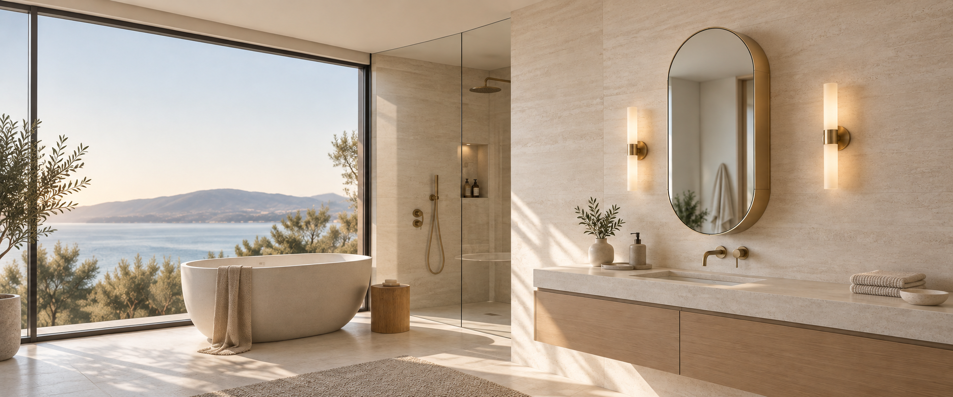 Complete pill-shaped mirrored medicine cabinet in a hotel bathroom