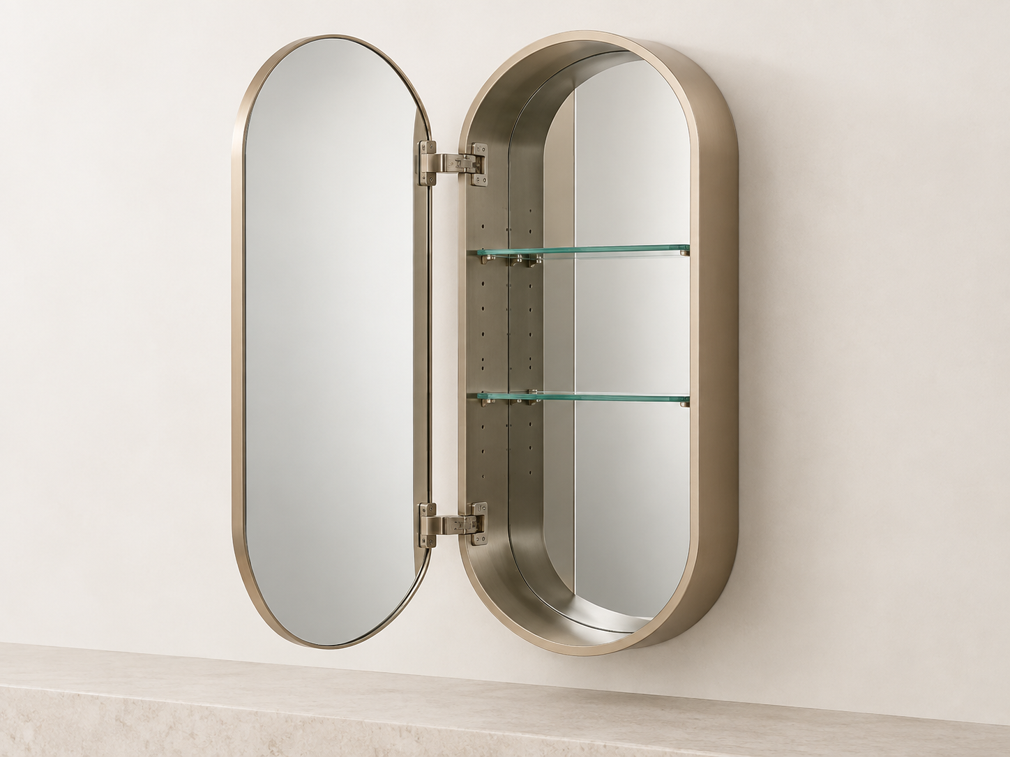 Open pill-shaped mirrored medicine cabinet showing cabinet body, door hinges and glass shelves