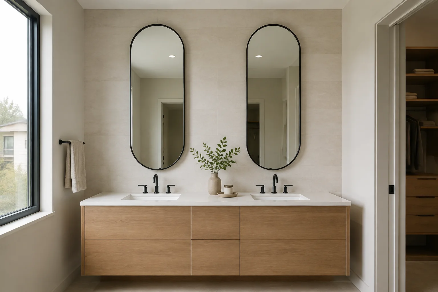 Two pill shaped mirrors above an apartment double vanity