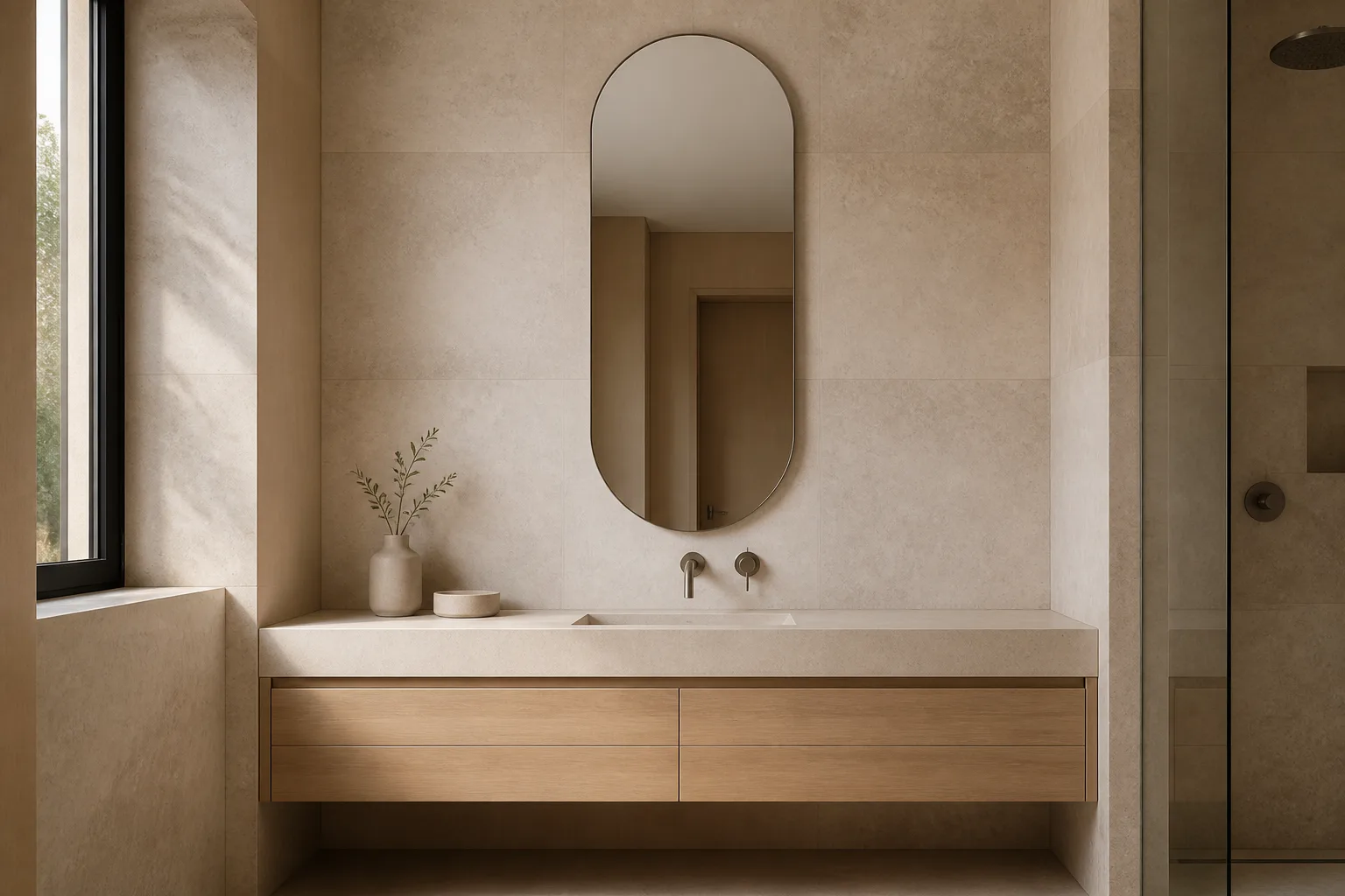 Frameless vertical pill shaped mirror above a stone bathroom vanity