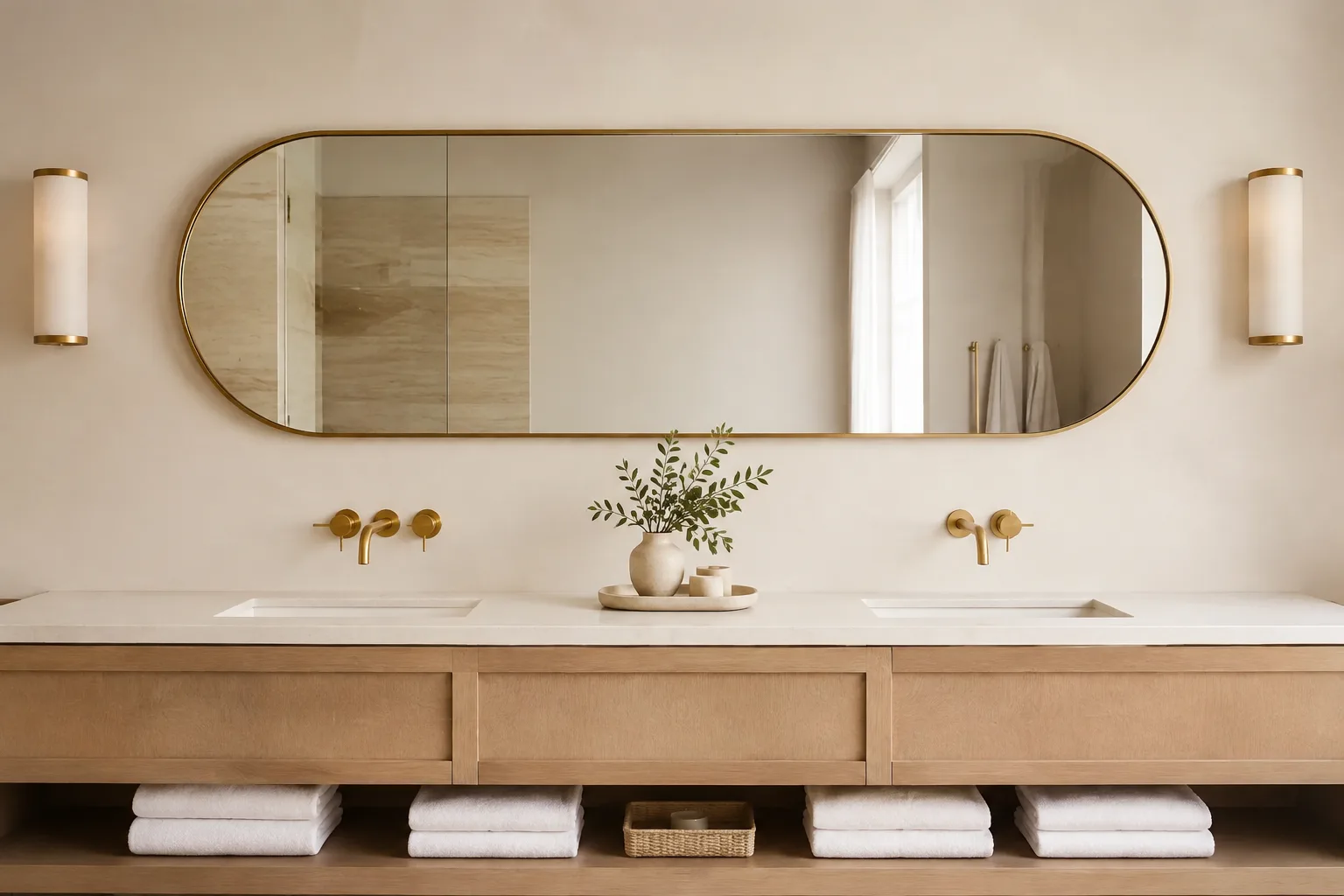 Horizontal brushed brass pill shaped mirror above a wide double vanity