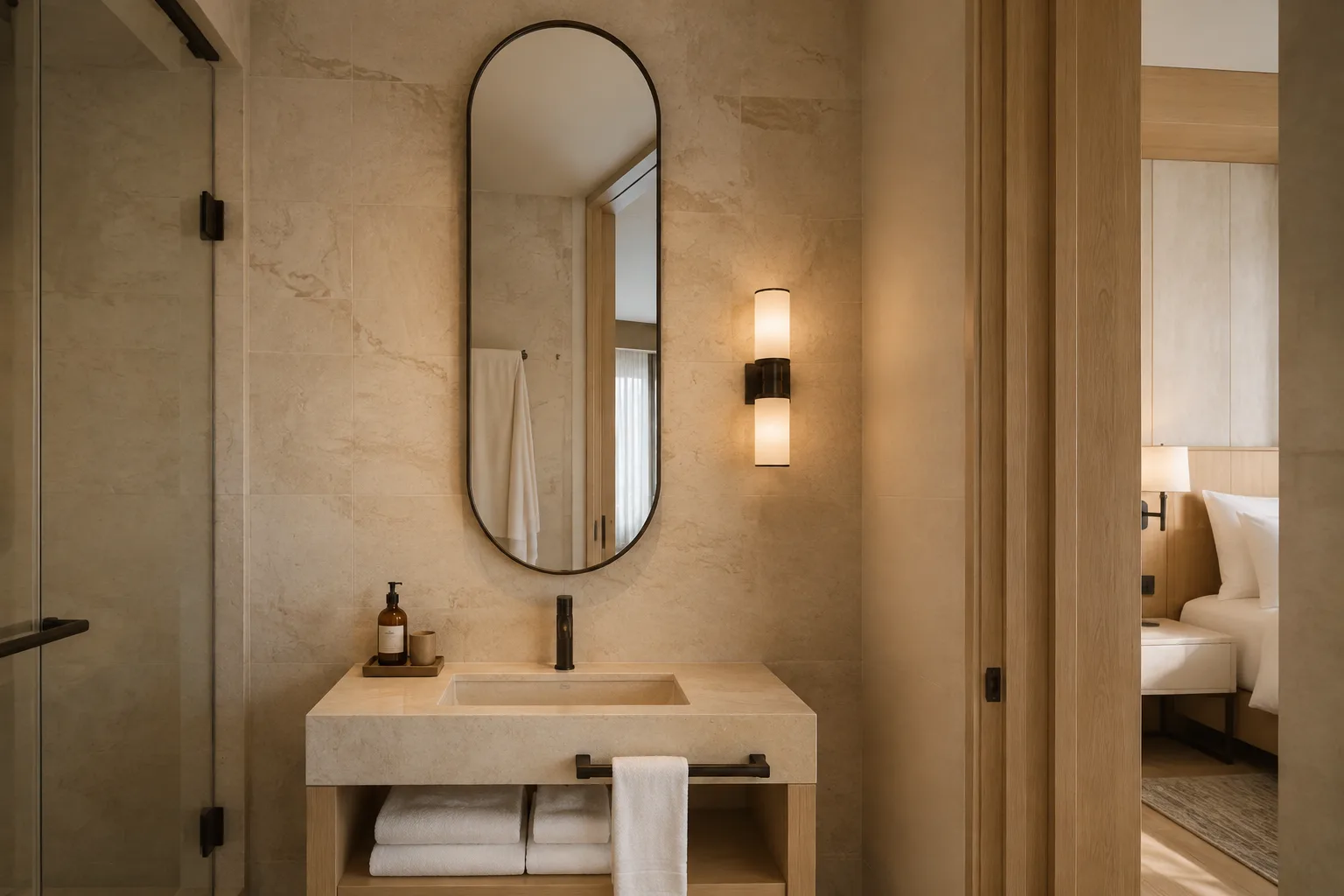 Pill shaped mirror in a contemporary hotel guest bathroom