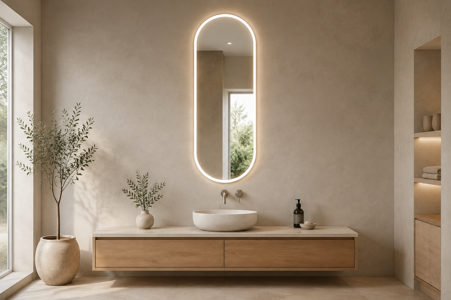 Illuminated pill shaped LED mirror above a floating oak bathroom vanity