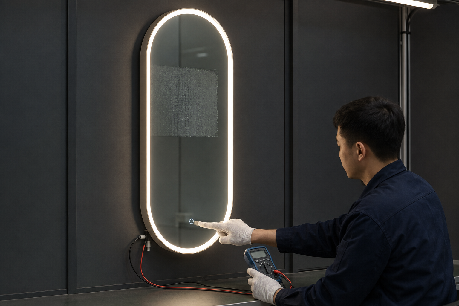 Pill shaped LED mirror lighting, anti-fog and electrical function testing