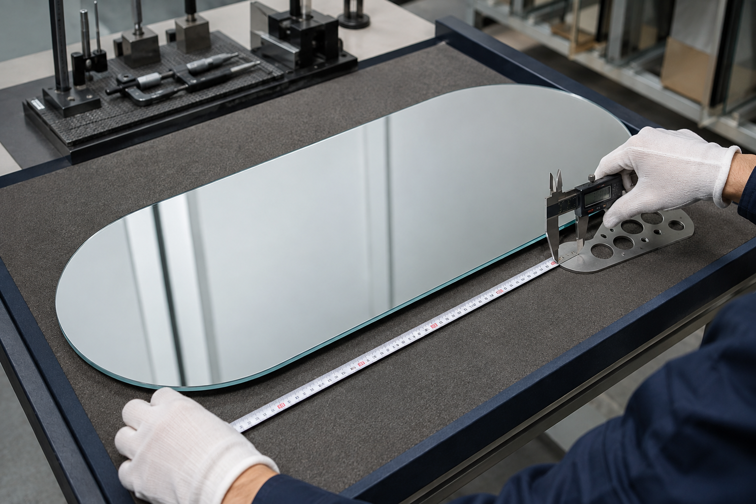 Pill shaped mirror geometry, end-radius and edge inspection