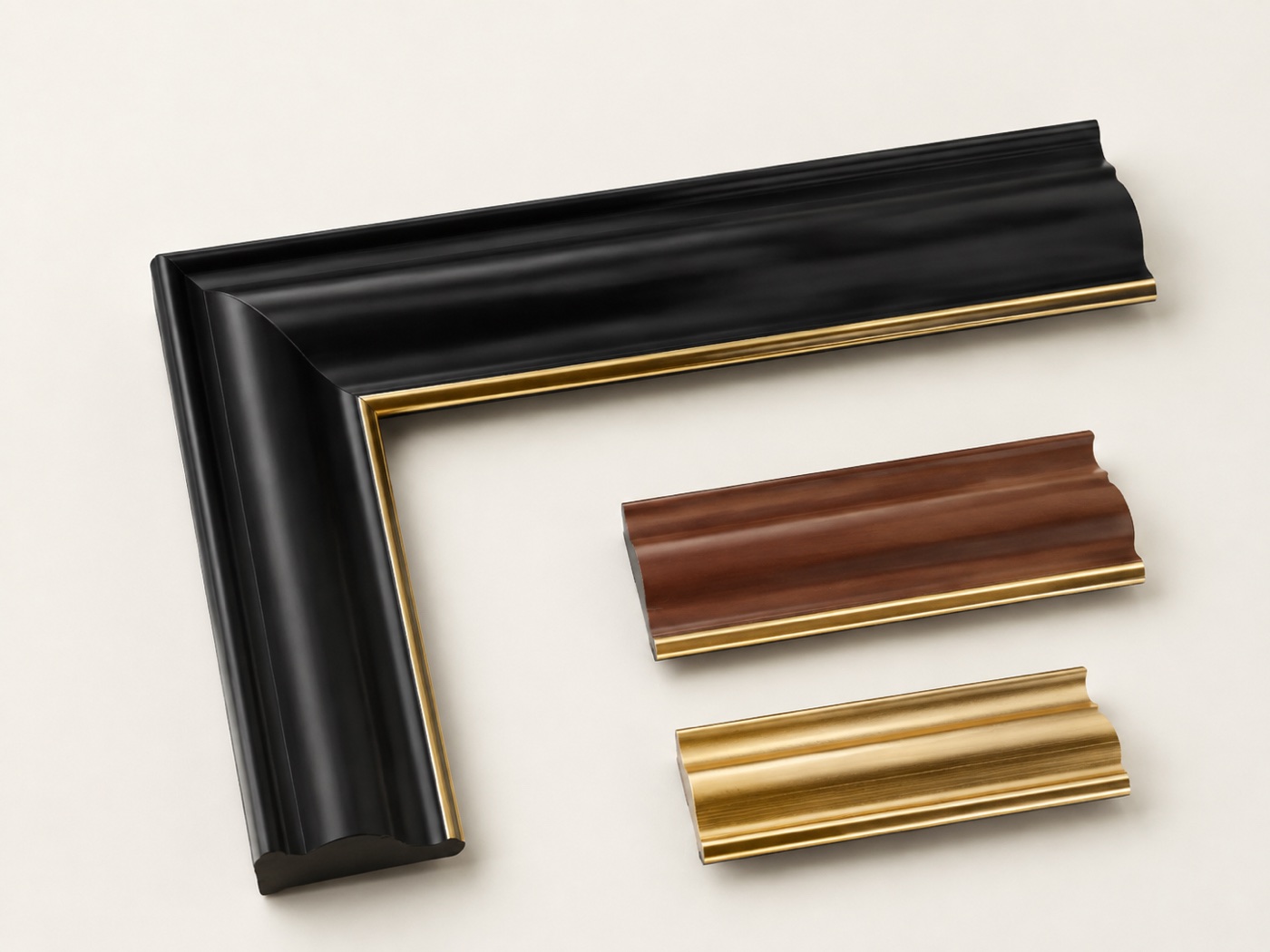 Studio presentation of the FB027 curved black walnut and gold PS moulding direction