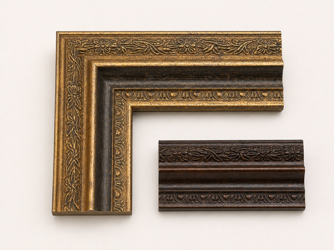 Studio presentation of the FD024 floral antique gold and walnut PS moulding direction
