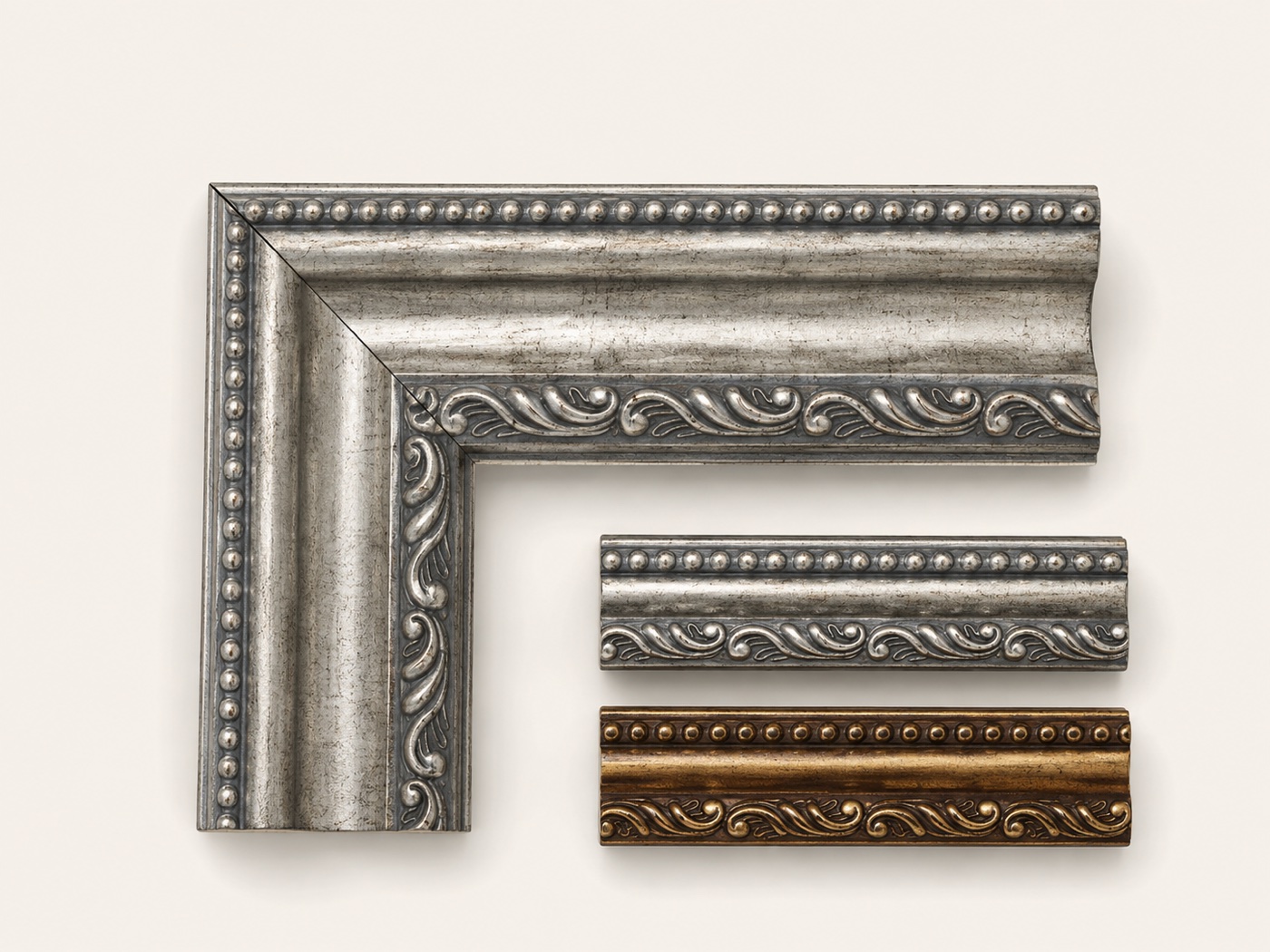 Studio presentation of the FE002 beaded silver and antique bronze PS moulding direction