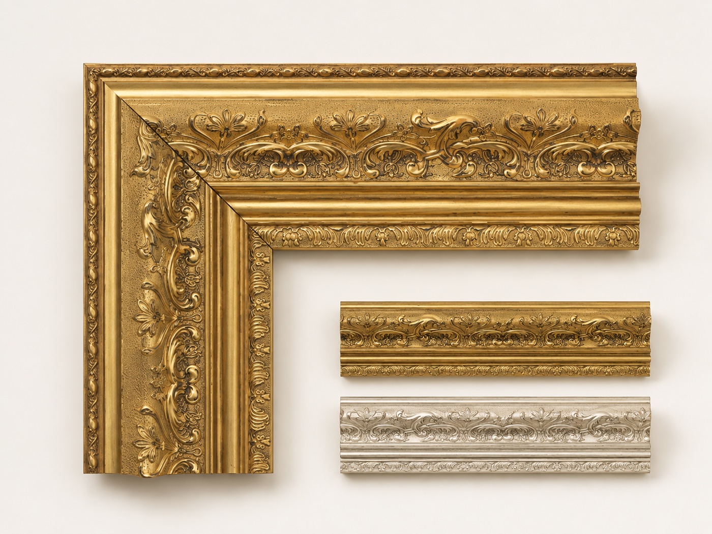 Studio presentation of the FK001 wide antique gold and ivory silver PS moulding direction