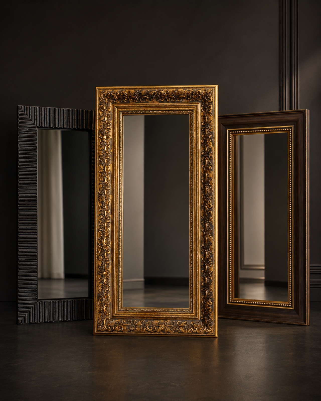 Three complete custom PS framed mirrors in ornate gold, ribbed black and dark walnut finishes