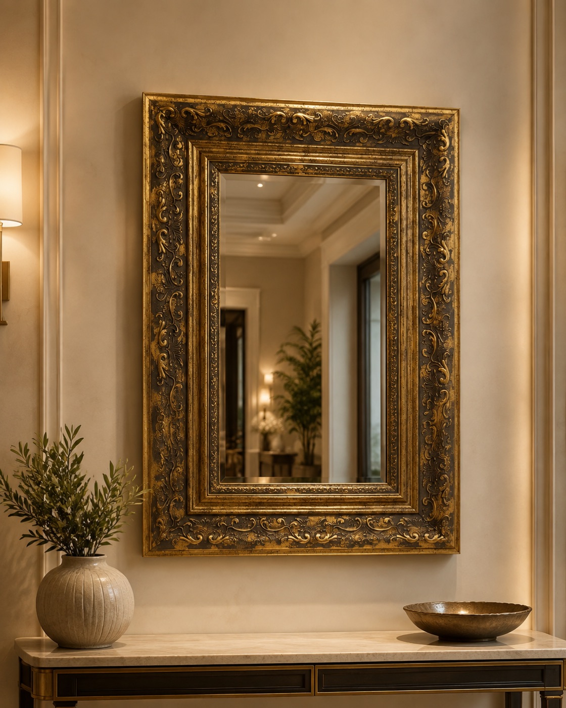 Ornate antique gold polystyrene framed mirror concept